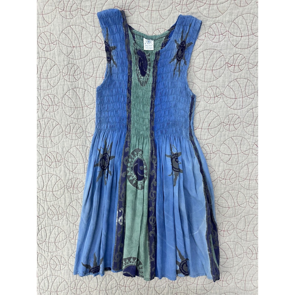 Rey Wear Dress Blue Green Celestial Sun Moon Smocked / Women's One Size